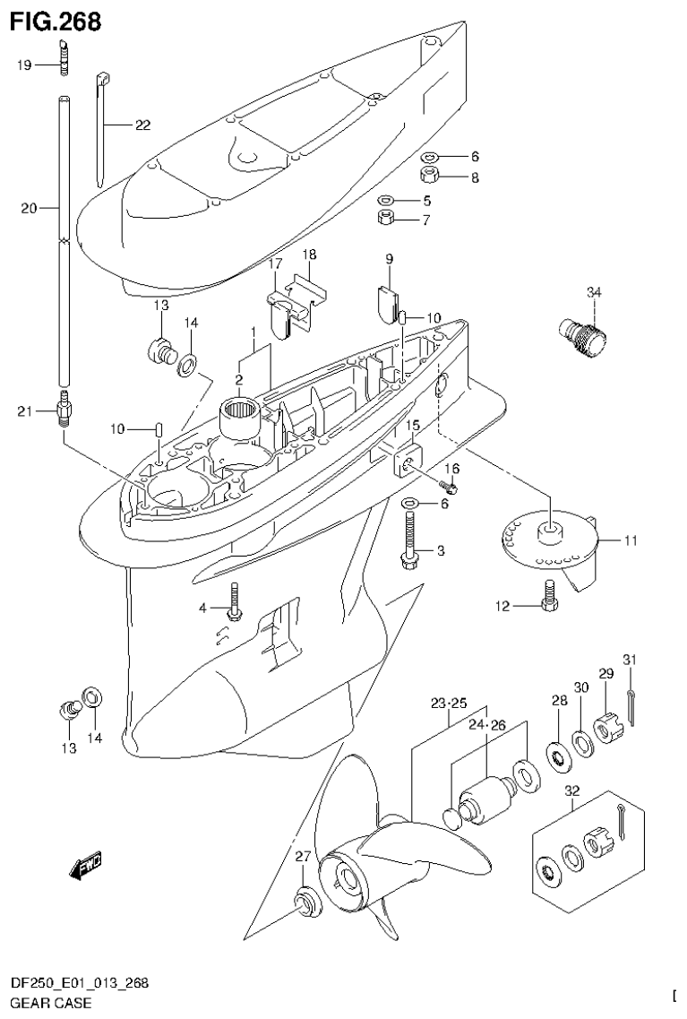 Suzuki DF200T, DF200Z, DF225T, DF225Z, DF250T, DF250Z GEAR CASE (DF225T E40) parts diagram